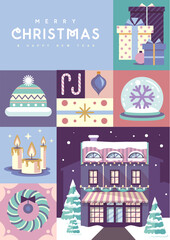 Fototapeta premium Merry Christmas and Happy New Year greeting card, cover or poster with holiday attributes. Christmas background. Flat design. Vector illustration