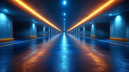 Empty concrete underground garage with bright blue and orange neon lights.
