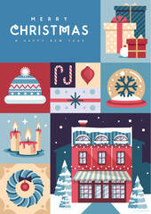 Merry Christmas and Happy New Year greeting card, cover or poster with holiday attributes. Christmas background. Flat design. Vector illustration