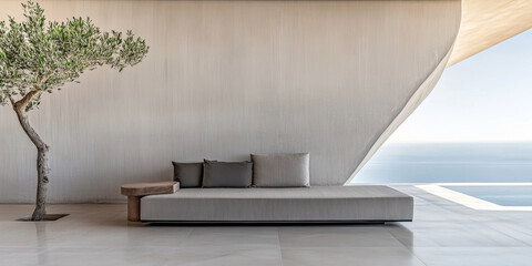 Stylish modern outdoor seating area overlooking the ocean with a minimalist design and olive tree