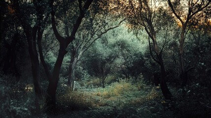 Fototapeta premium Enchanted Forest: Lush Greenery and Sunlight Through the Trees