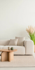 Modern living room design featuring a light sofa with decorative pillows and a wooden coffee table