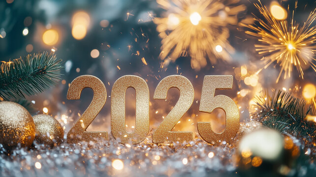 Number 2025 with Fireworks photo background and text HAPPY NEW YEAR on black background