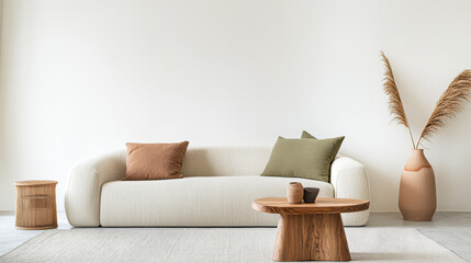 Cozy living room setup with a modern sofa, wooden coffee table, and decorative plants