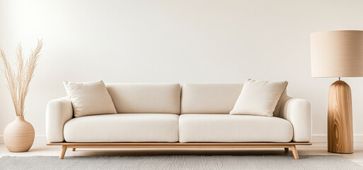 Modern living room with a light beige sofa and wooden lamp in a minimalistic setting