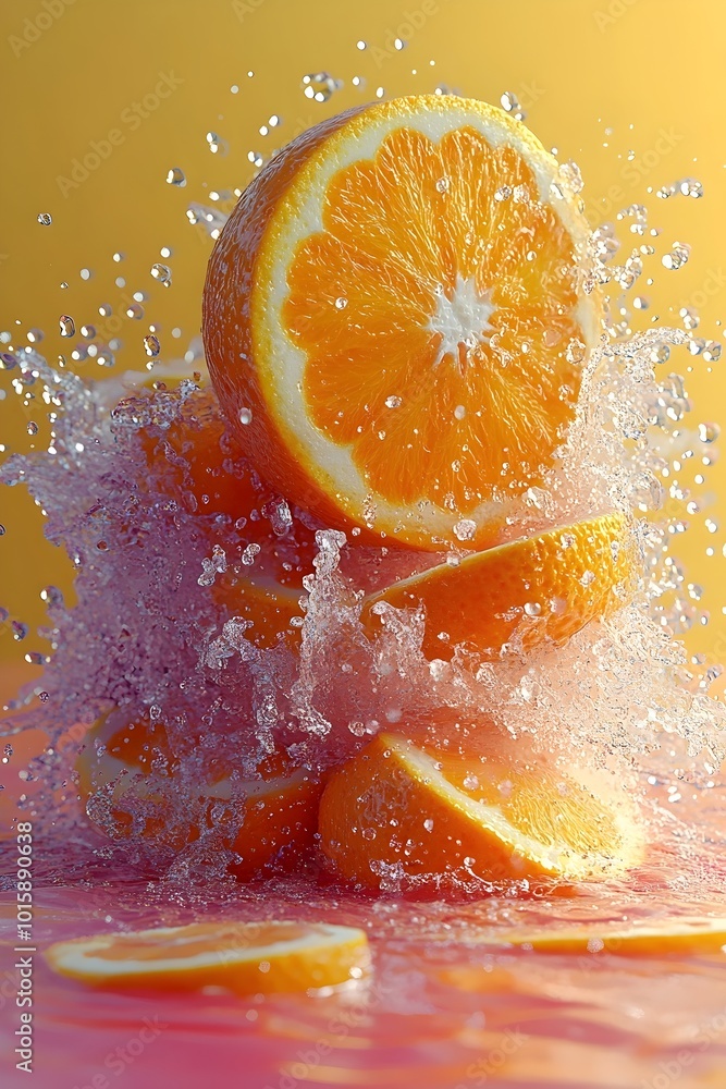 Poster a stack of fresh orange slices explode in a burst of water, creating a vibrant and refreshing scene.
