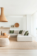 Modern living room design with neutral tones and natural materials in a bright, airy space