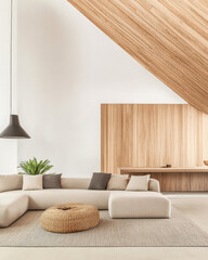 Modern living room with minimalist design featuring natural wood accents and neutral colors