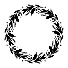 Hand drawn christmas wreath. Monochrome winter frame. Round christmas border.