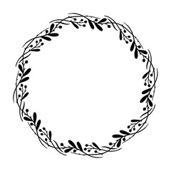 Hand drawn christmas wreath. Monochrome winter frame. Round christmas border.