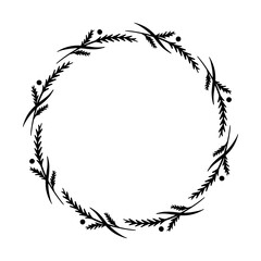 Hand drawn christmas wreath. Monochrome winter frame. Round christmas border.