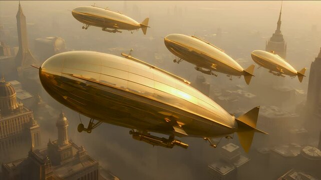 Golden airships soar above a sprawling metropolis, hinting at a retro-futuristic world where Victorian elegance meets advanced technology.