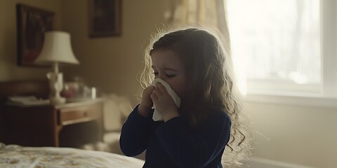 Young girl blowing her nose on a tissue in bed.
