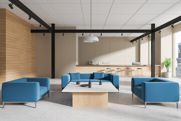 Modern cafe interior with soft place, bar counter and panoramic window