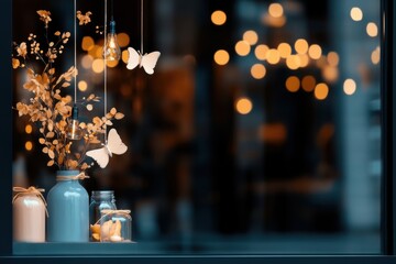 Butterflies and vases in storefront window with bokeh lights