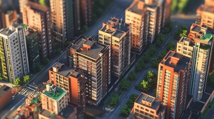 Aerial view of a city with tall buildings and streets, with a shallow depth of field.