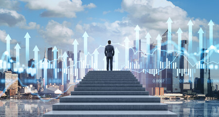 Businessman standing on steps with growth chart overlay and city