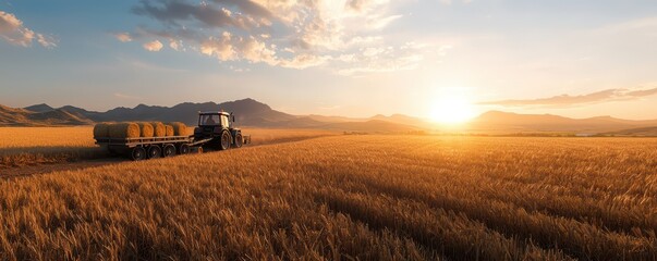Fototapeta premium A vibrant scene depicting a tractor pulling carts filled with hay bales across a sunlit field.
