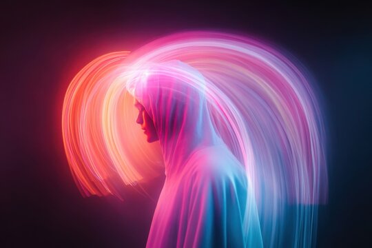 Young man wearing hoodie illuminated by swirling neon lights