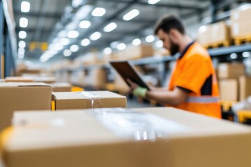Warehouse worker checking inventory and using digital tablet in a large distribution center
