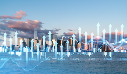 Financial growth charts overlaying a city skyline at dusk. New York city skyline.