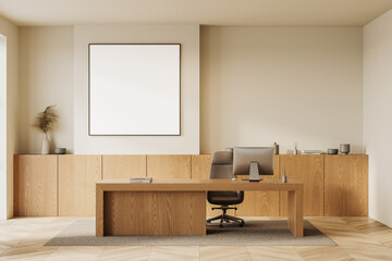 Minimalist office interior with wooden furniture, a desk, and a blank poster on a beige wall. Modern design concept. 3D Rendering