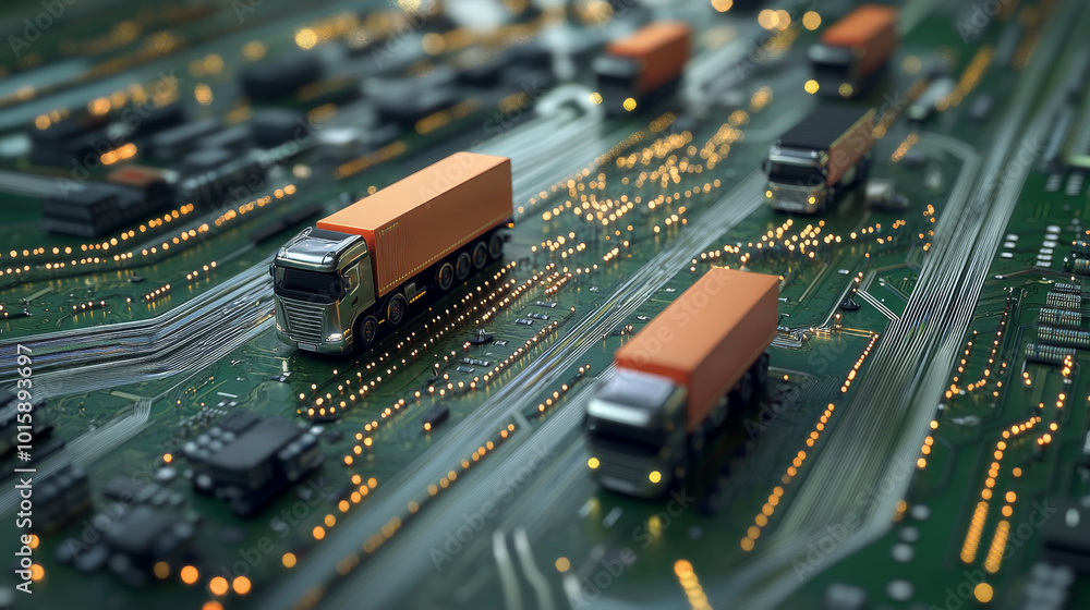 Poster a 3d image showing a circuit board with tiny computer chips. trucks are driving on wires that look l