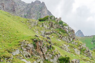 A cold valley in the mountains in summer with rocks, grass, snow and fog