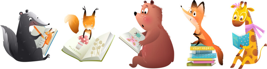 Collection of forest animals reading books and studying. Character design for children. Kids education and learning animals character design. Isolated vector set for school and kindergarten.