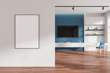 Modern living room interior with blank framed poster on wall. 3D Rendering