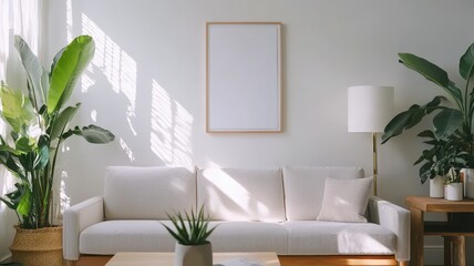 A modern living room featuring a blank white wall, ideal for displaying artwork.