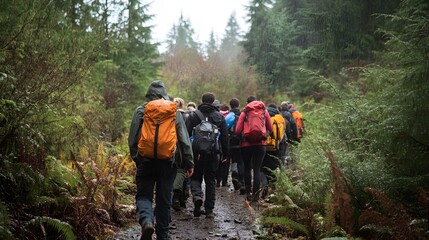 Group of Hikers Walking Through a Lush Forest in the Rain