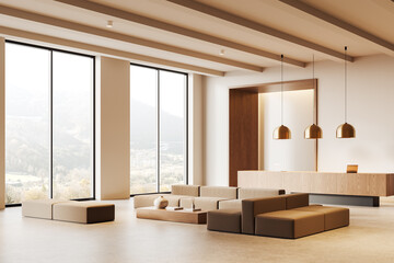 Beige lobby interior with waiting space and reception desk, panoramic window