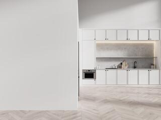 Modern kitchen with white cabinets, countertop, and appliances. Blank wall on left for mockup. Light wood floor. Interior design concept. 3D Rendering