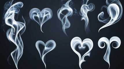 A set of realistic steam shapes, like hearts and swirls, in white against a dark background. This is a vector illustration that you can use in different projects.