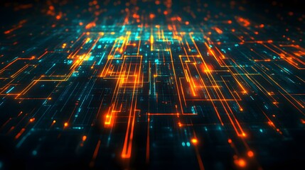 Abstract Digital Network with Orange and Blue Glowing Lines
