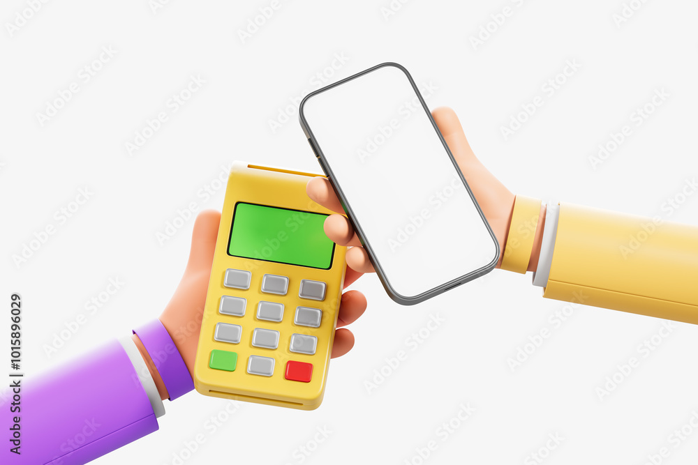 Poster digital payment concept with smartphone and card reader on white background. 3d rendering