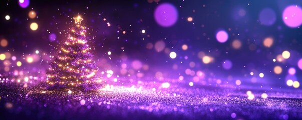 Magical christmas tree with sparkling lights on a purple glittering background