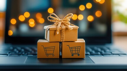 Cyber monday online shopping concept with gift boxes and laptop for holiday sales