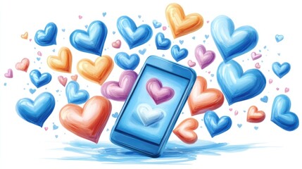 Vibrant heart symbols emanating from smartphone for digital sharing and connection