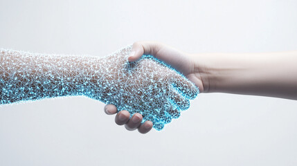 Digital handshake symbolizing business agreement, technological partnership, or collaboration in the modern digital world. banner/web/design
