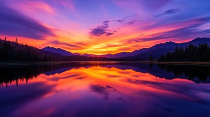 Fototapeta premium Sunset wallpaper showing beautiful, colorful sunset over a lake with mountains in the background