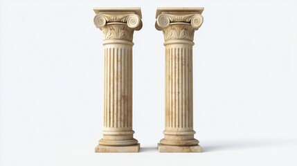 Fototapeta premium A pair of ancient classic stone columns isolated on white background. These columns are of Roman or Greek architecture with twisted and grooved ornaments for facade designs, realistic 3D modern 