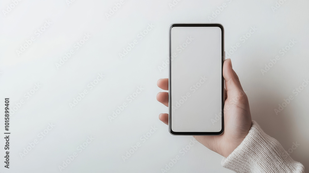Poster a hand holds a smartphone with a blank screen against a white background. the screen is empty, ready