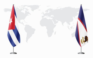 Cuba and American Samoa flags for official meeting against background of world map.