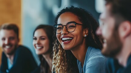 Obraz premium Woman with Glasses Smiling and Laughing in a Group