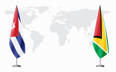Cuba and Guyana flags for official meeting against background of world map.