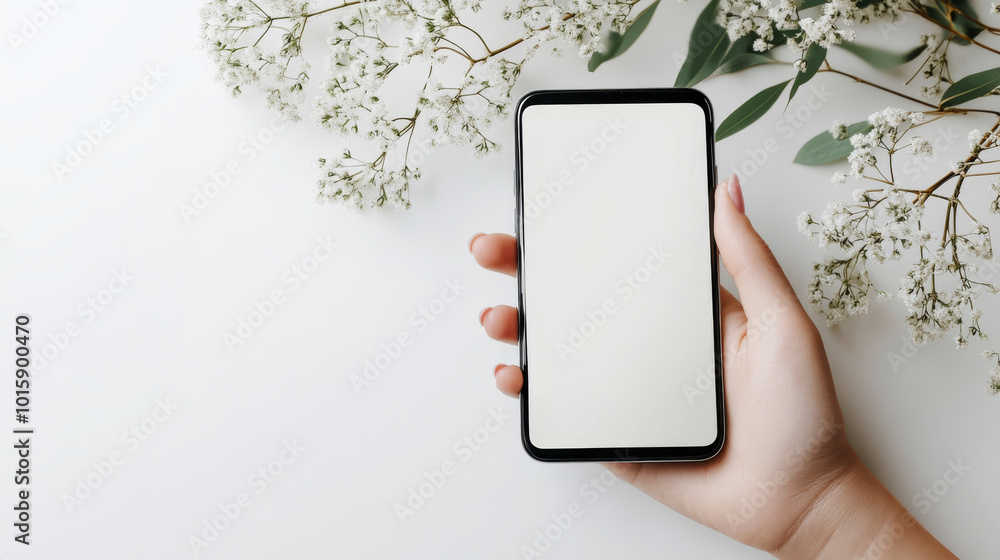 Poster a hand holds a smartphone with a blank screen against a white background. the screen is empty, ready