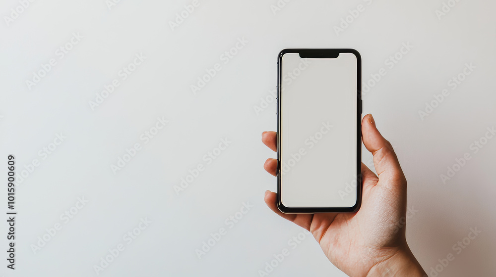 Poster a hand holds a smartphone with a blank screen against a white background. the screen is empty, ready