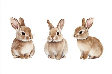 Collection of three watercolour paintings of brown cute rabbits isolated on white background, animal clipart bundle 